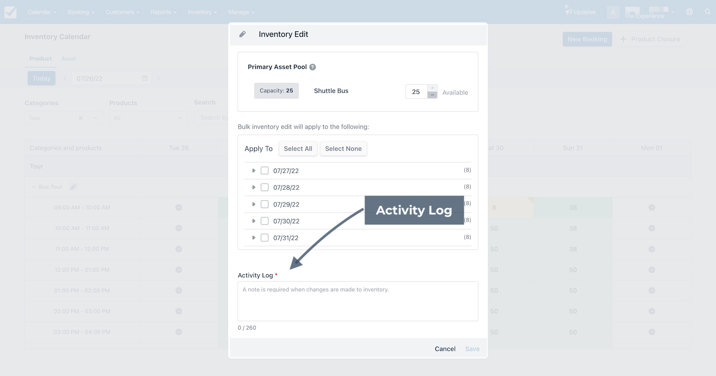 Inventory edit window highlighting activity log field required when making bulk changes.