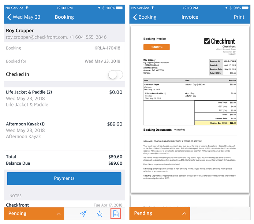 Booking detail screen on the left showing Roy Cropper’s reservation with invoice icon highlighted, and on the right booking invoice displayed with itemized charges, total, and pending payment status.