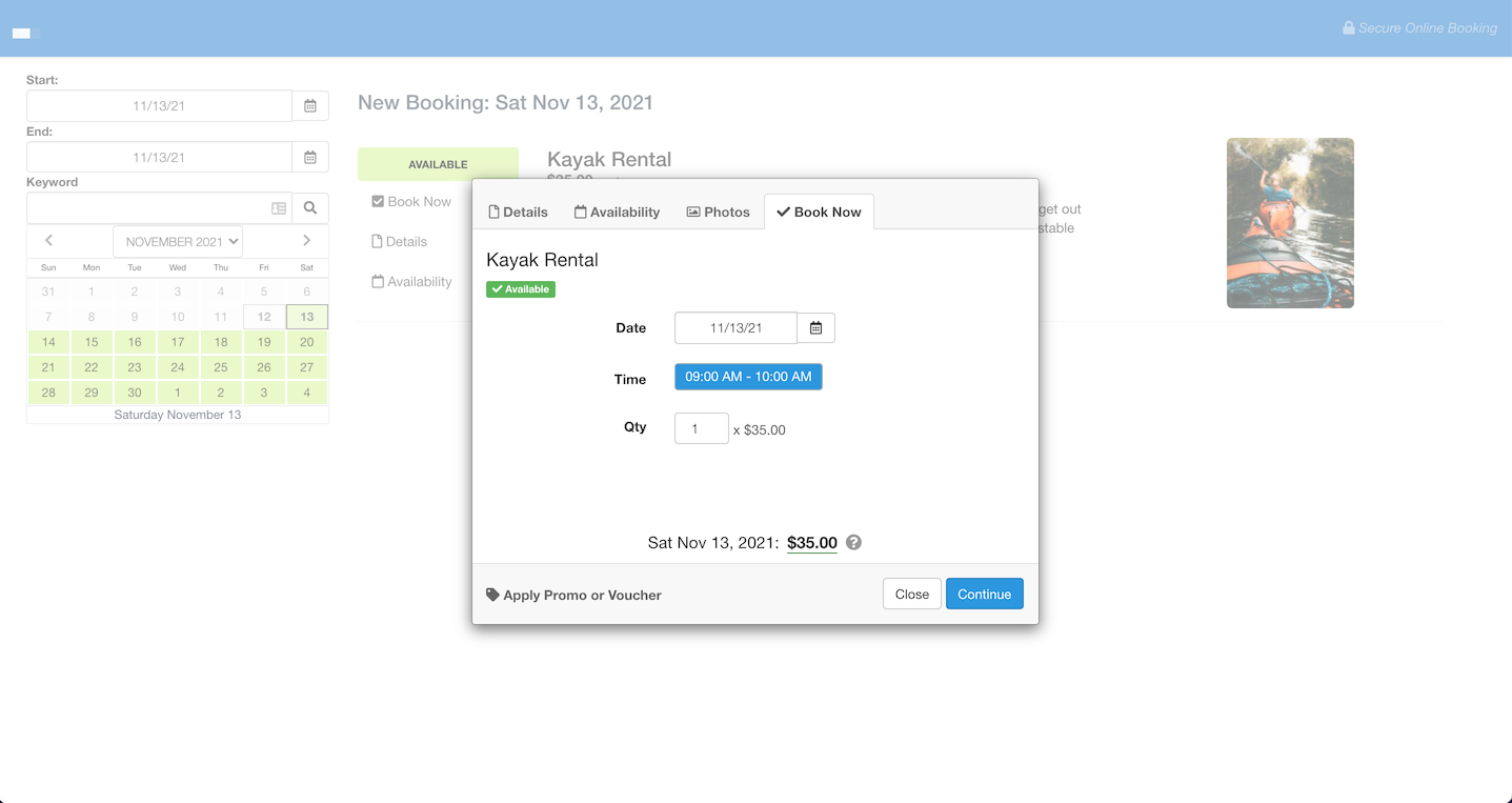 Booking page for kayak rental showing date, time, and quantity selection with total price displayed.