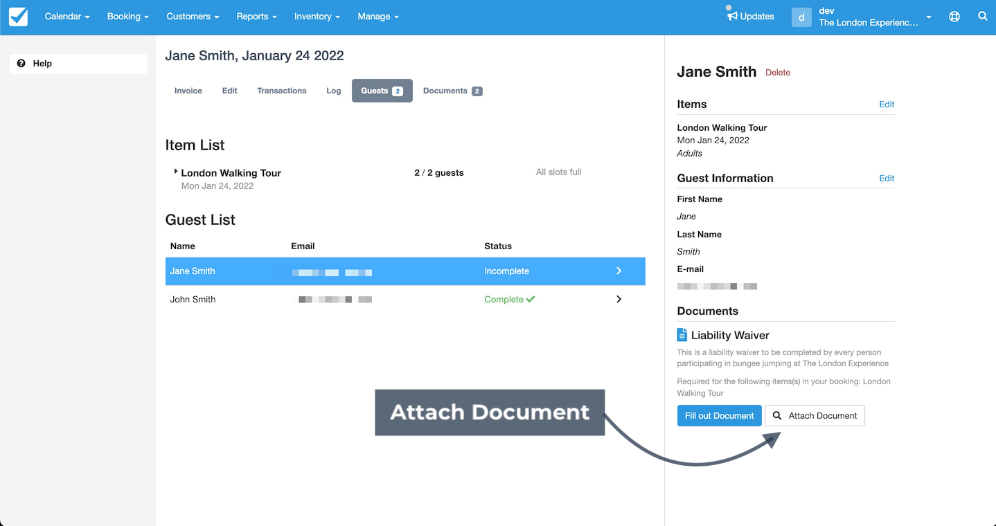 Guest details page showing a selected guest with incomplete status and an arrow highlighting the Attach Document option for uploading a liability waiver.