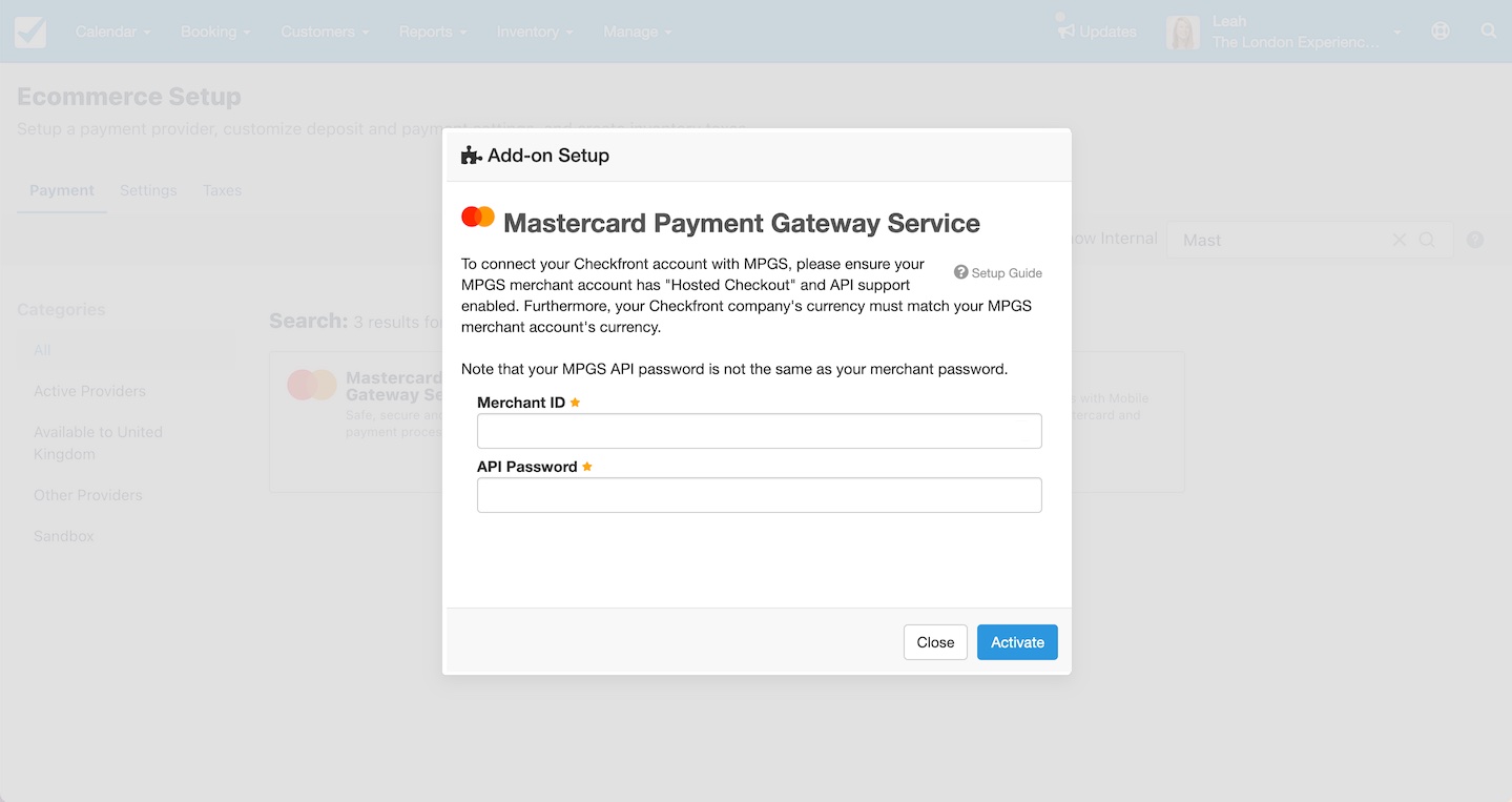 Add-on Setup window for Mastercard Payment Gateway Service showing fields for Merchant ID and API Password.