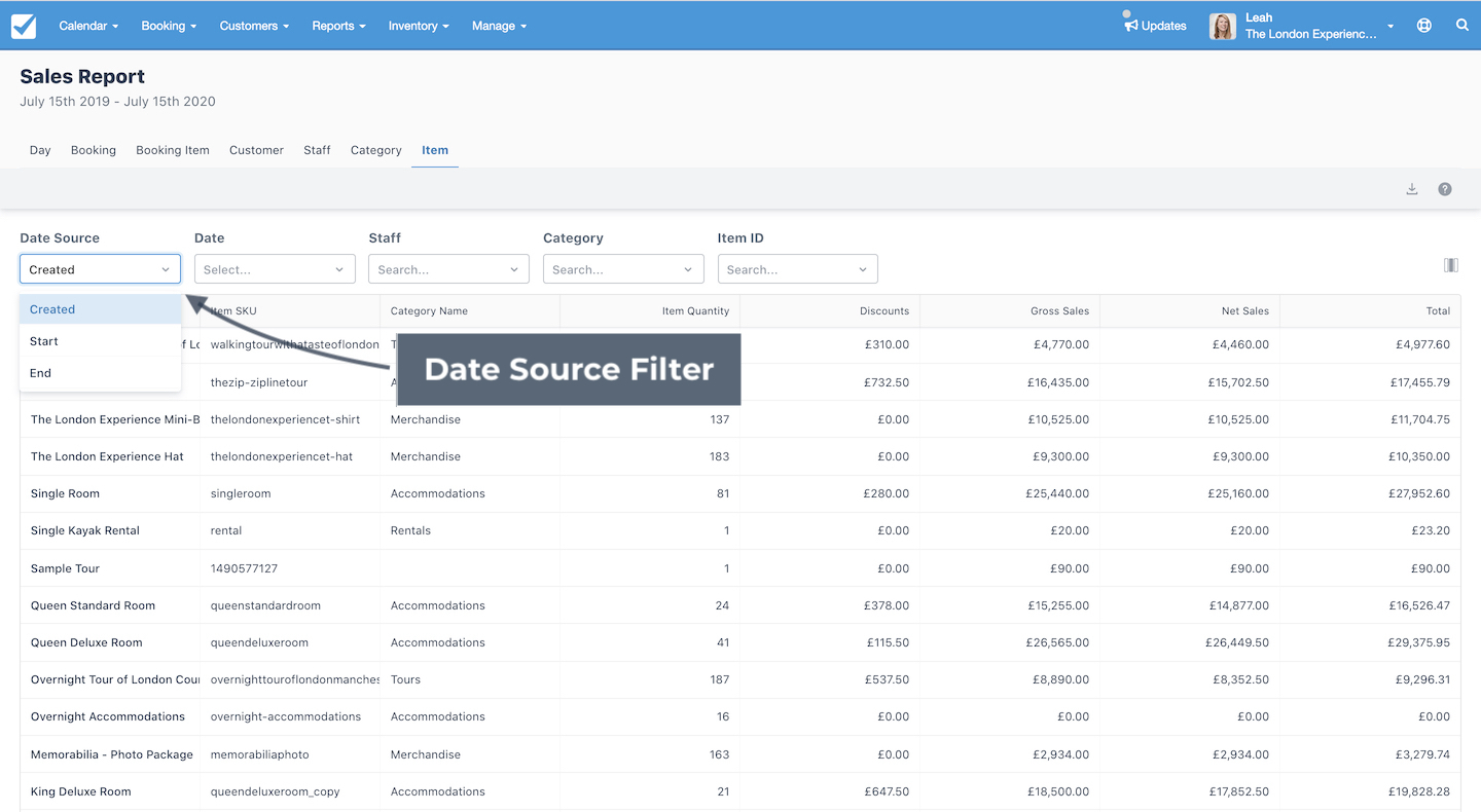 Sales report item tab highlighting date source filter used to select created, start, or end date.