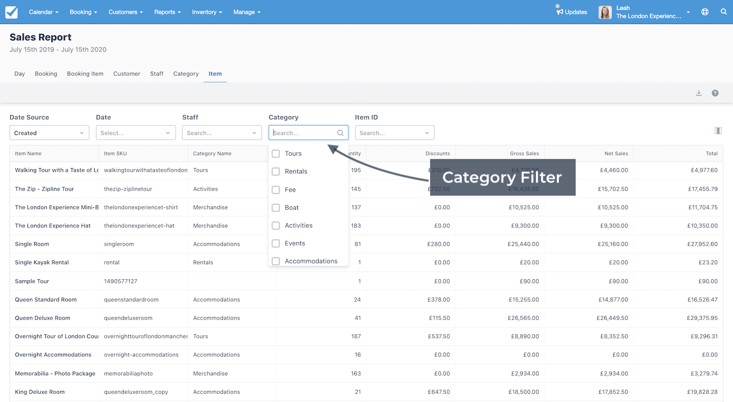 Sales report item tab highlighting category filter dropdown for sorting results by category.