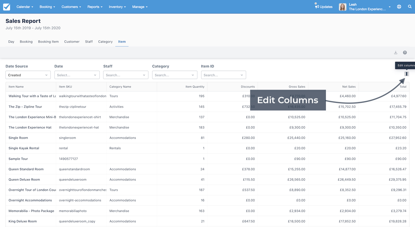 Sales report item tab highlighting edit columns button for customizing visible data fields.