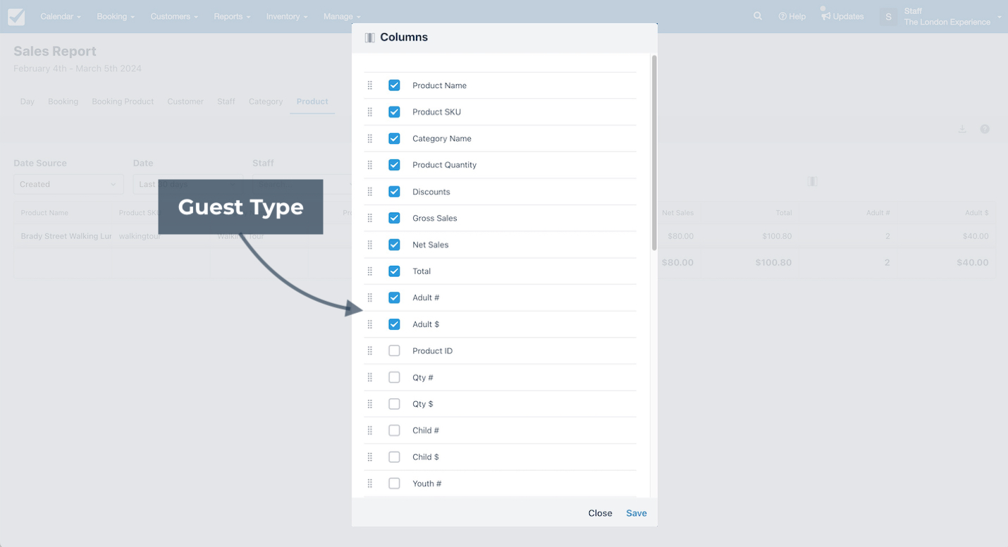 Columns settings window highlighting guest type options including adult number and adult amount.