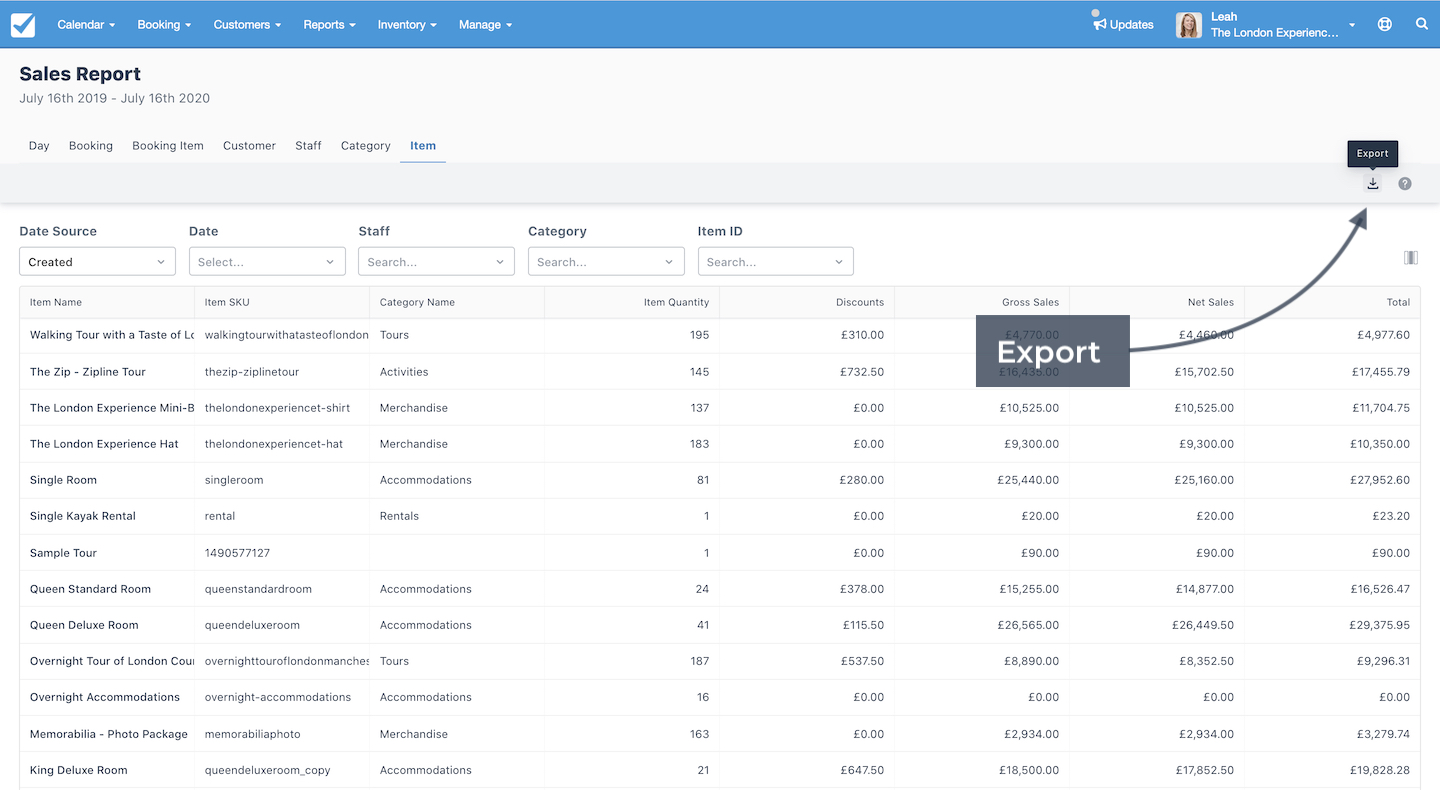 Sales report item view highlighting export button for downloading report data.
