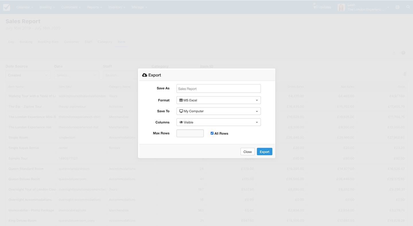 Export window for sales report showing options for file format, destination, and visible columns.