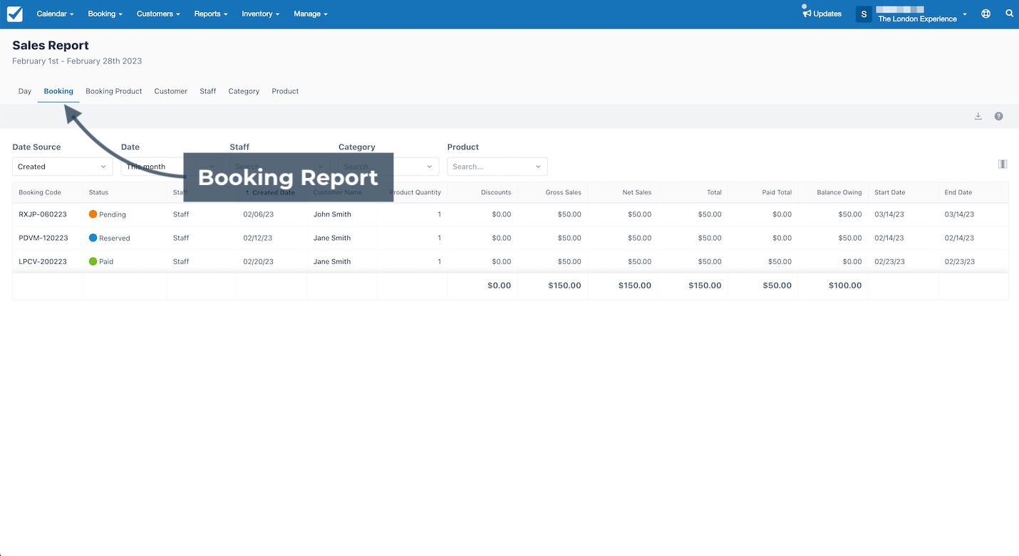 Sales report booking tab showing list of bookings with status, staff, and payment details.