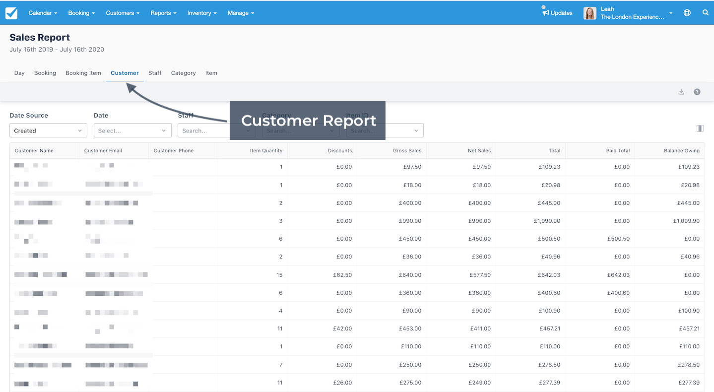 Sales report customer tab showing customer details with purchase totals and balance owing.