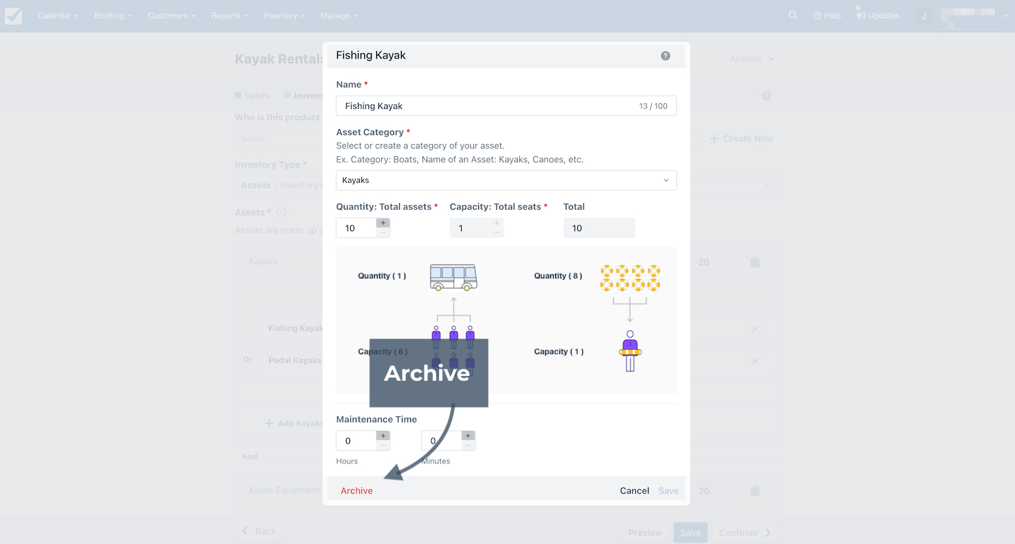 Fishing kayak asset settings with an arrow pointing to the archive option.