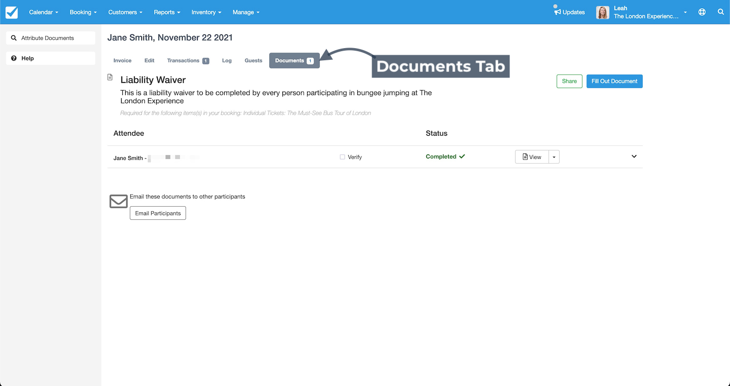 Booking screen highlighting the Documents tab used to access liability waivers and other booking documents.