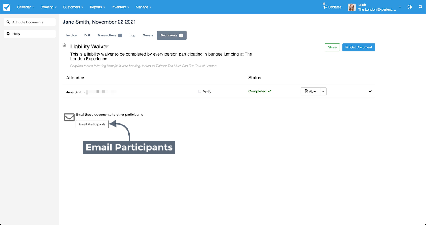 Booking screen highlighting the Email Participants button to send documents to other participants.
