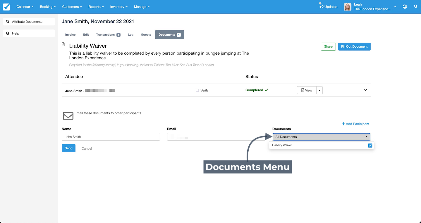 Booking screen highlighting the Documents menu to select which documents to send to participants.