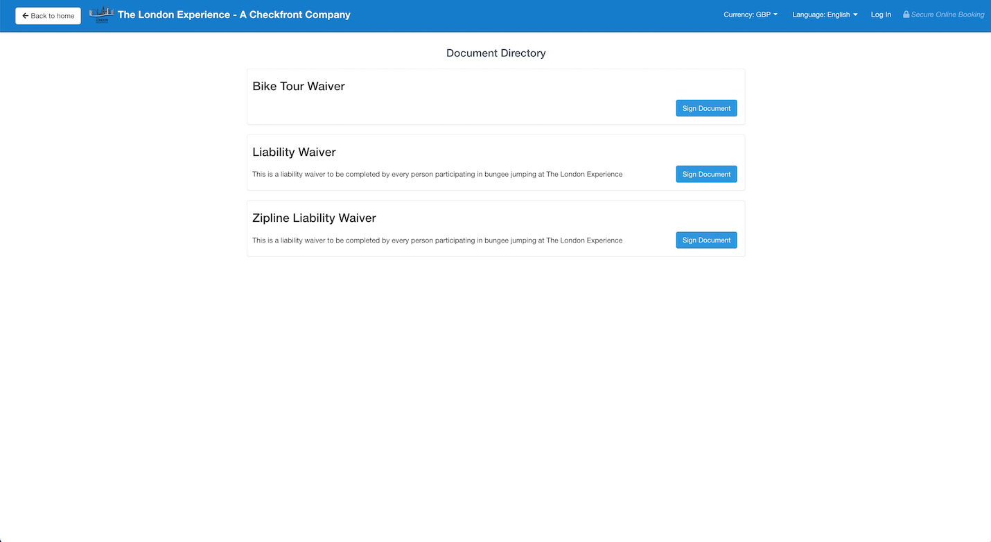 The document directory page showing available waivers such as Bike Tour Waiver, Liability Waiver, and Zipline Liability Waiver with Sign Document buttons.