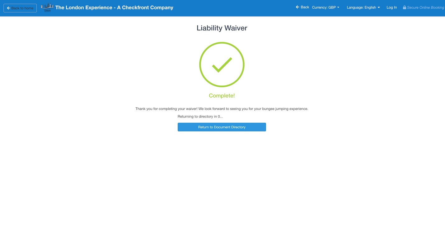 The liability waiver completion screen displaying an automatic redirect message back to the document directory.
