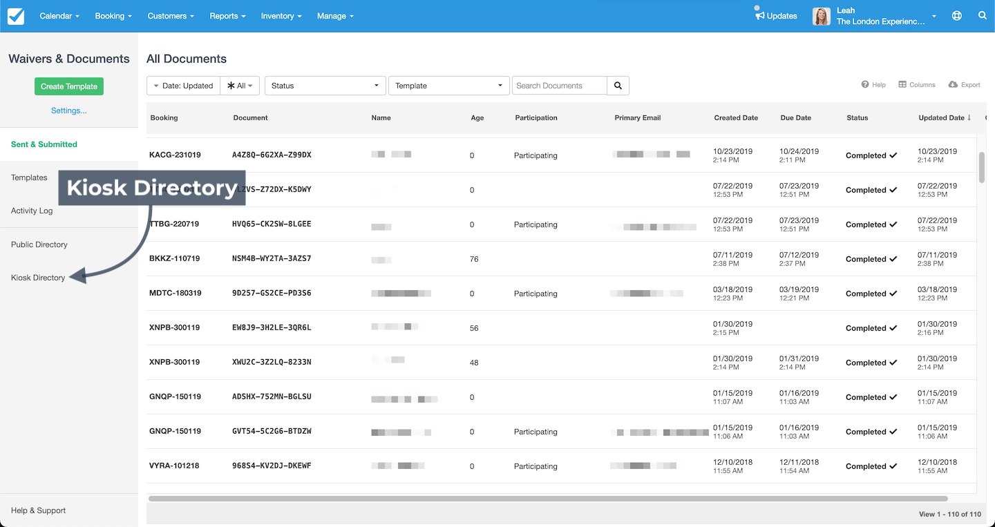 The documents page with the Kiosk Directory tab highlighted in the sidebar for accessing kiosk-specific document links.