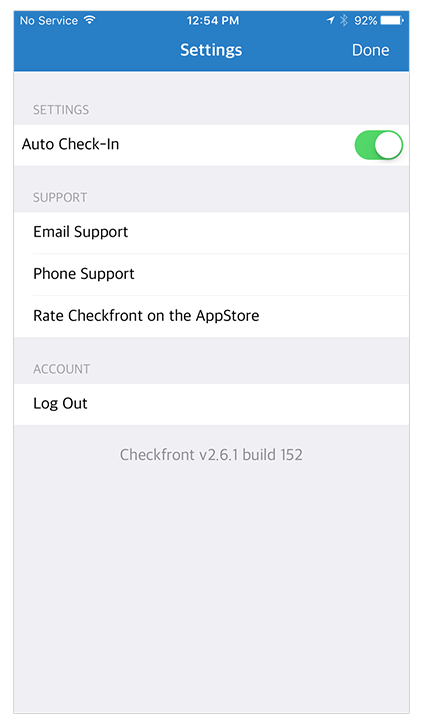Settings screen showing Auto Check-In toggle enabled, along with options for Email Support, Phone Support, rating on the App Store, and logging out.