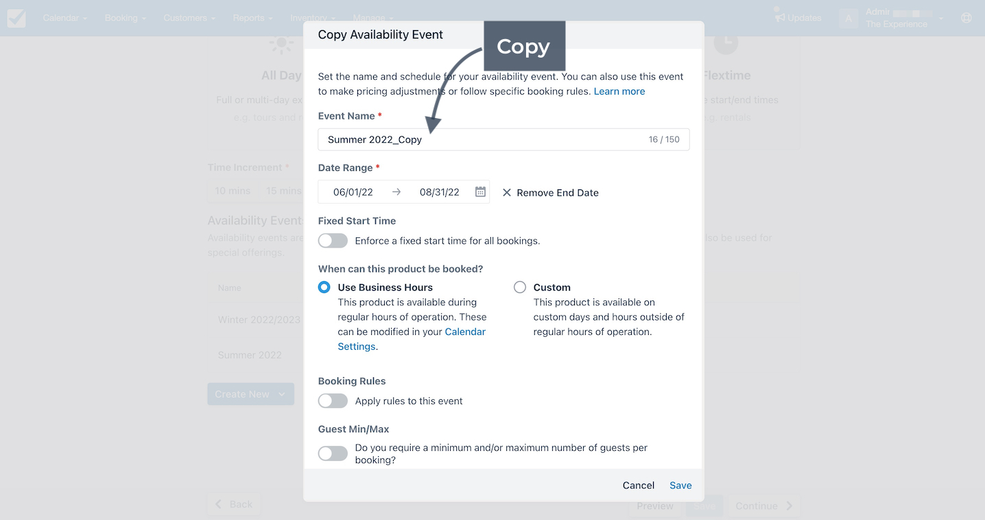 Copy availability event form displaying fields to rename the event, adjust date range, and configure booking rules.