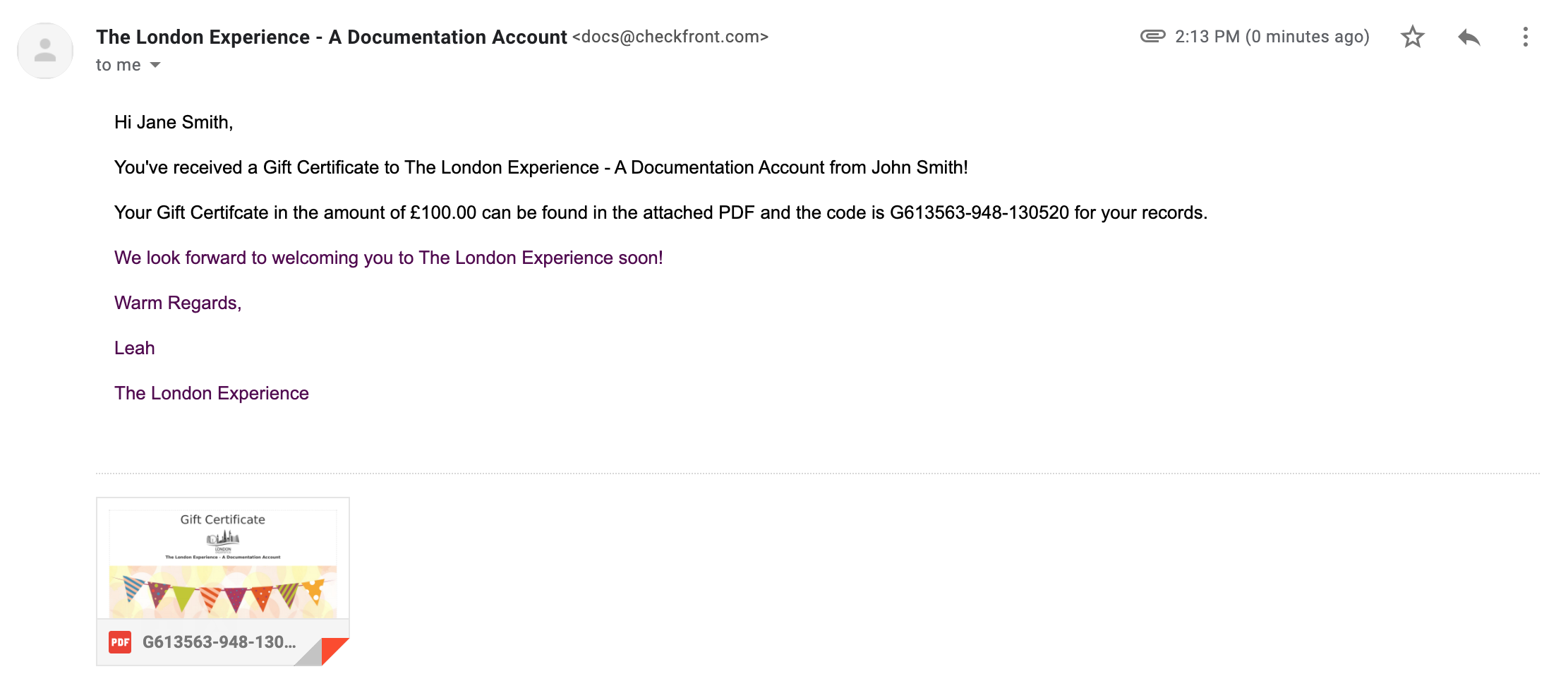 Gift Certificate Notification