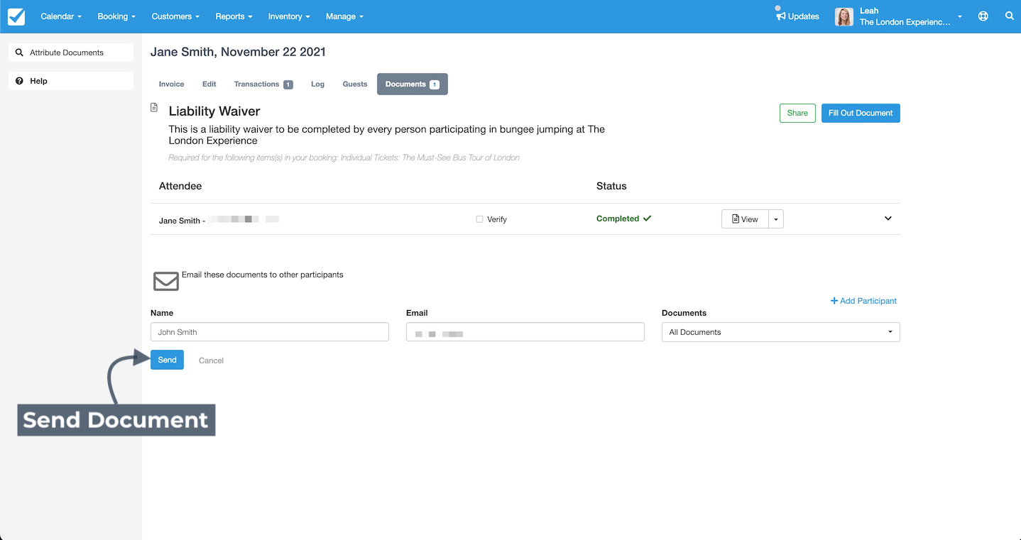 Booking screen highlighting the Send button to email selected documents to participants.