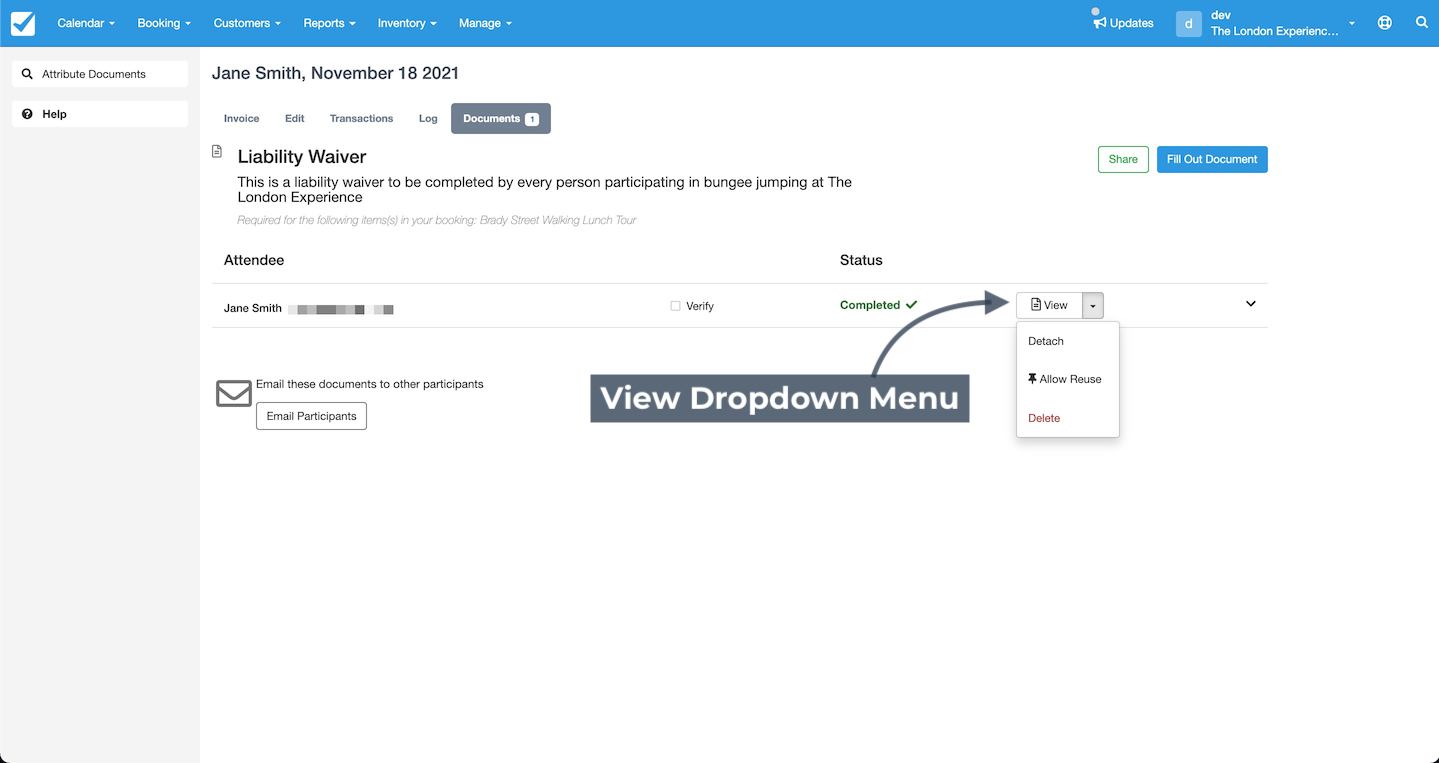 Booking screen highlighting the View dropdown menu for document options such as detach, reuse, or delete.