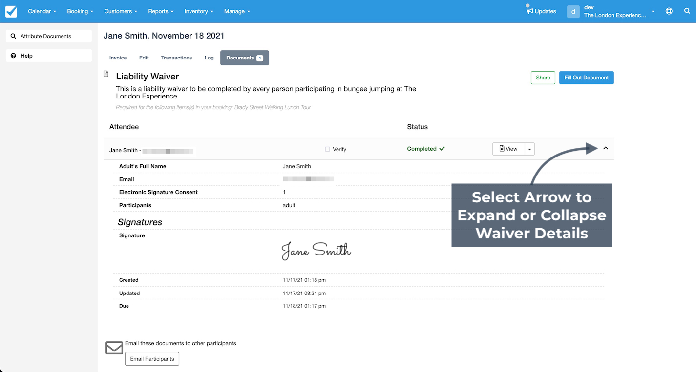 Booking screen highlighting the arrow used to expand or collapse waiver details in the liability waiver document.