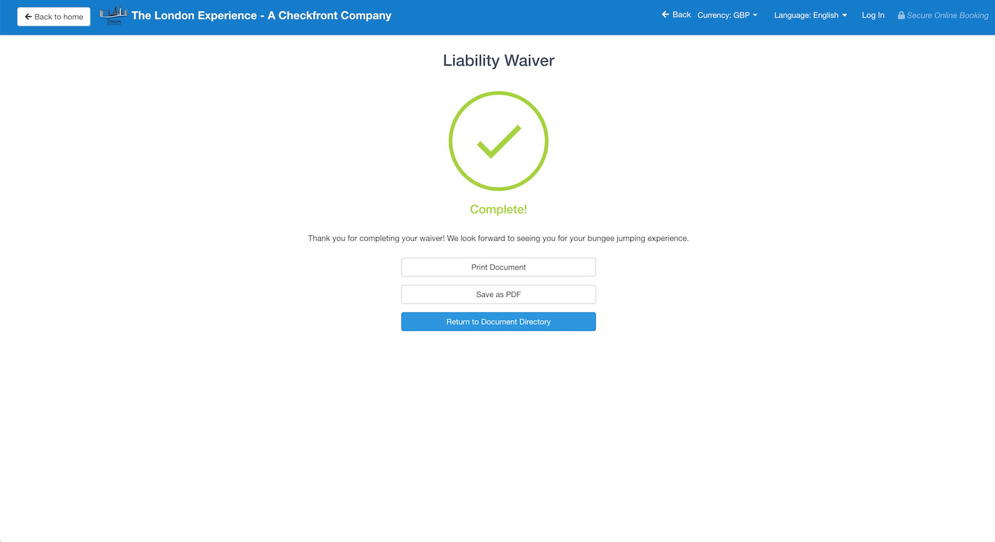 The waiver completion screen confirming a liability waiver is complete with options to print, save as PDF, or return to the document directory.