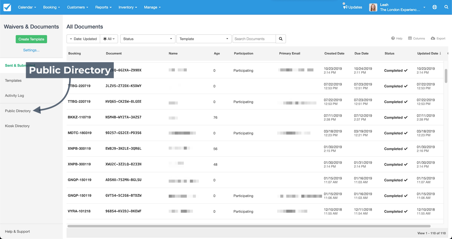 The documents page with the Public Directory tab highlighted in the sidebar for accessing public document links.