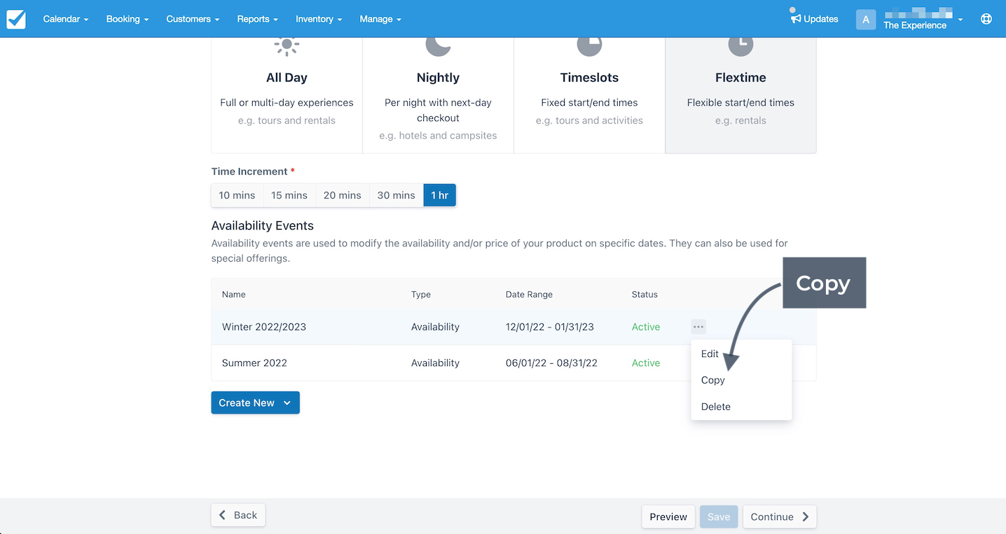 Availability events page showing the option to copy an existing event such as Winter 2022/2023 or Summer 2022.