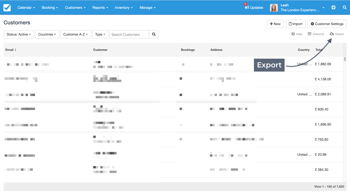 The Customers page displays a customer list with an arrow highlighting the Export button used to download customer data.