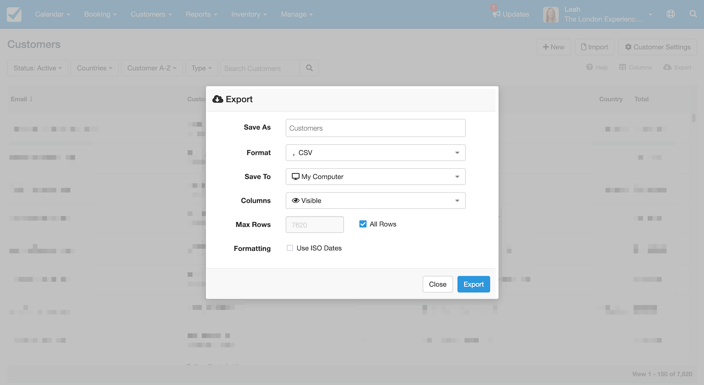 The Export dialog box appears showing options for saving customer data as a CSV file with settings for format, columns, and export location.
