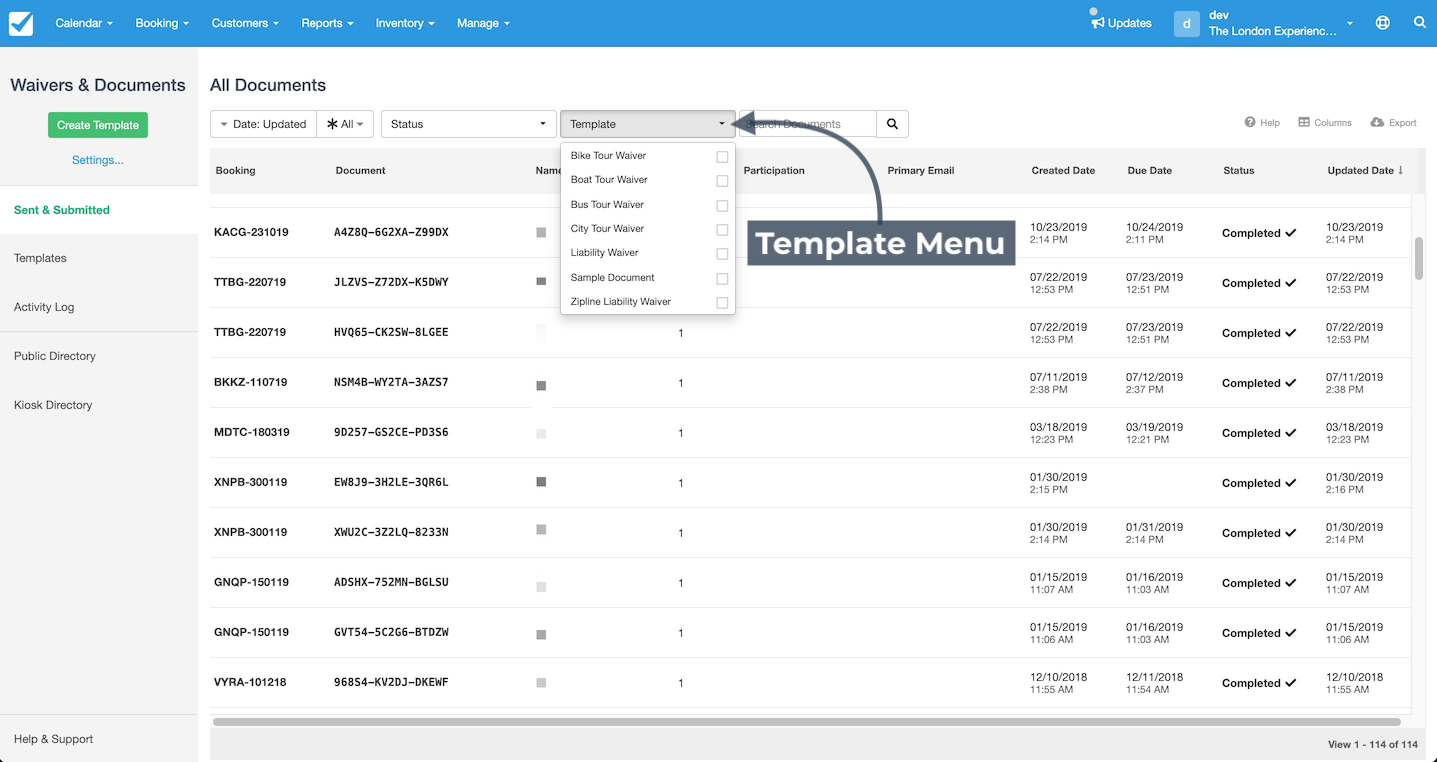 Waivers Template Menu