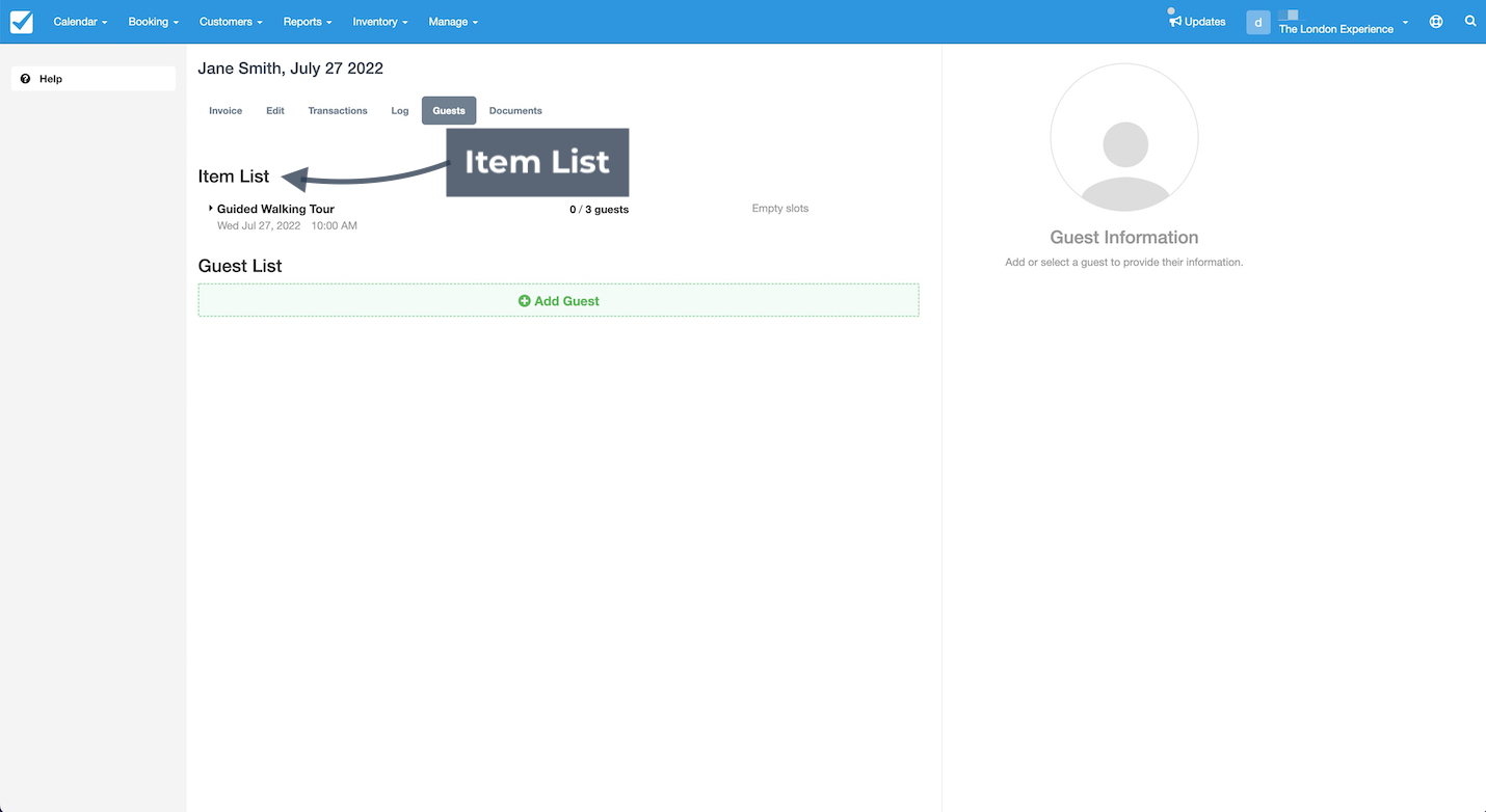 Booking screen highlighting the Item List section displaying the scheduled tour included in the booking.