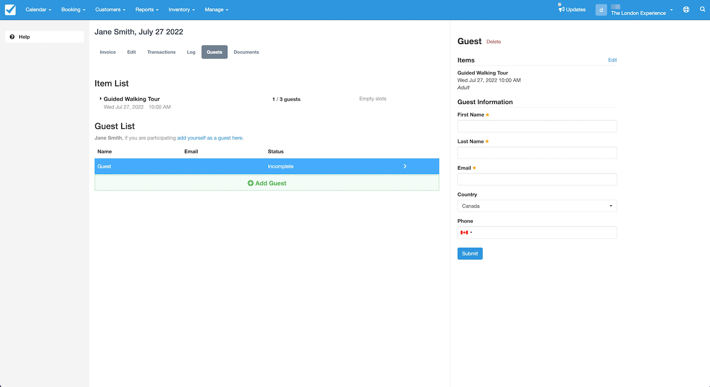 Booking screen showing the guest information form with required fields for adding a new guest.
