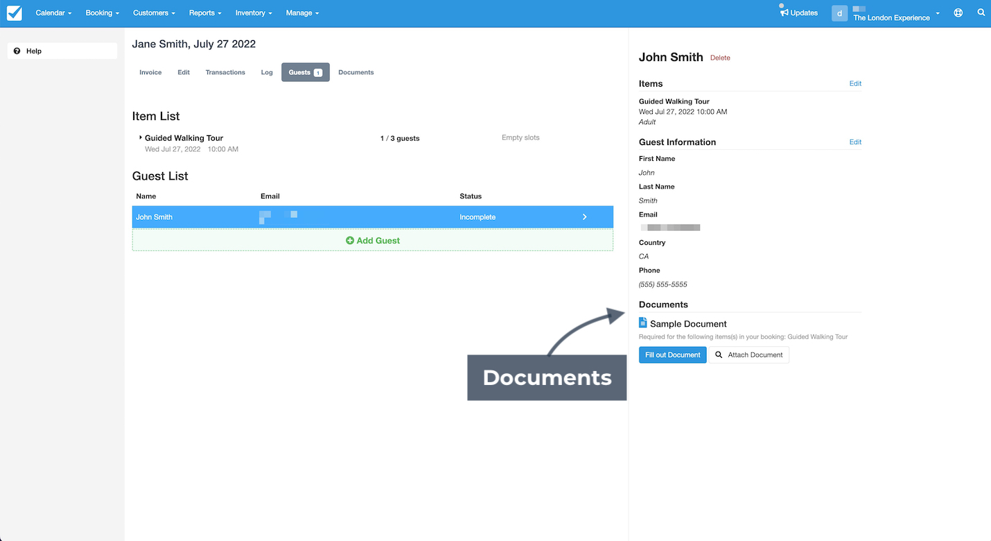 Booking screen highlighting the Documents section where required documents are listed and attached.