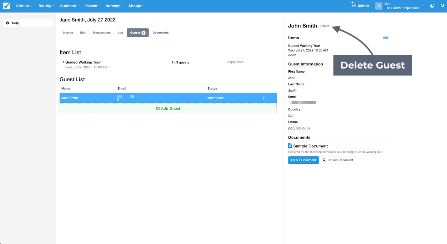 Booking screen highlighting the Delete option to remove a guest from the booking.