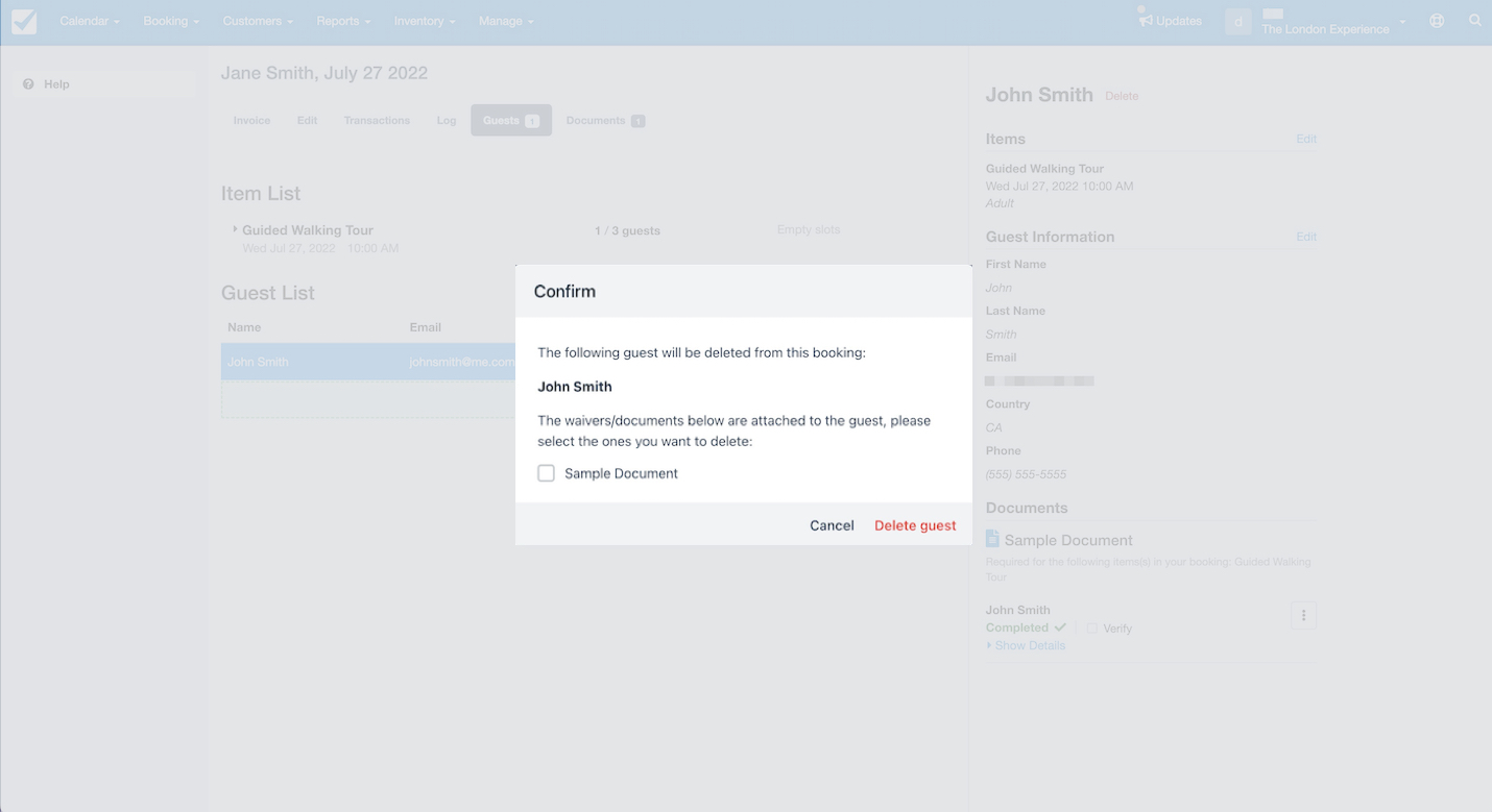 Booking screen showing the confirmation window for deleting a guest and selecting documents to remove.