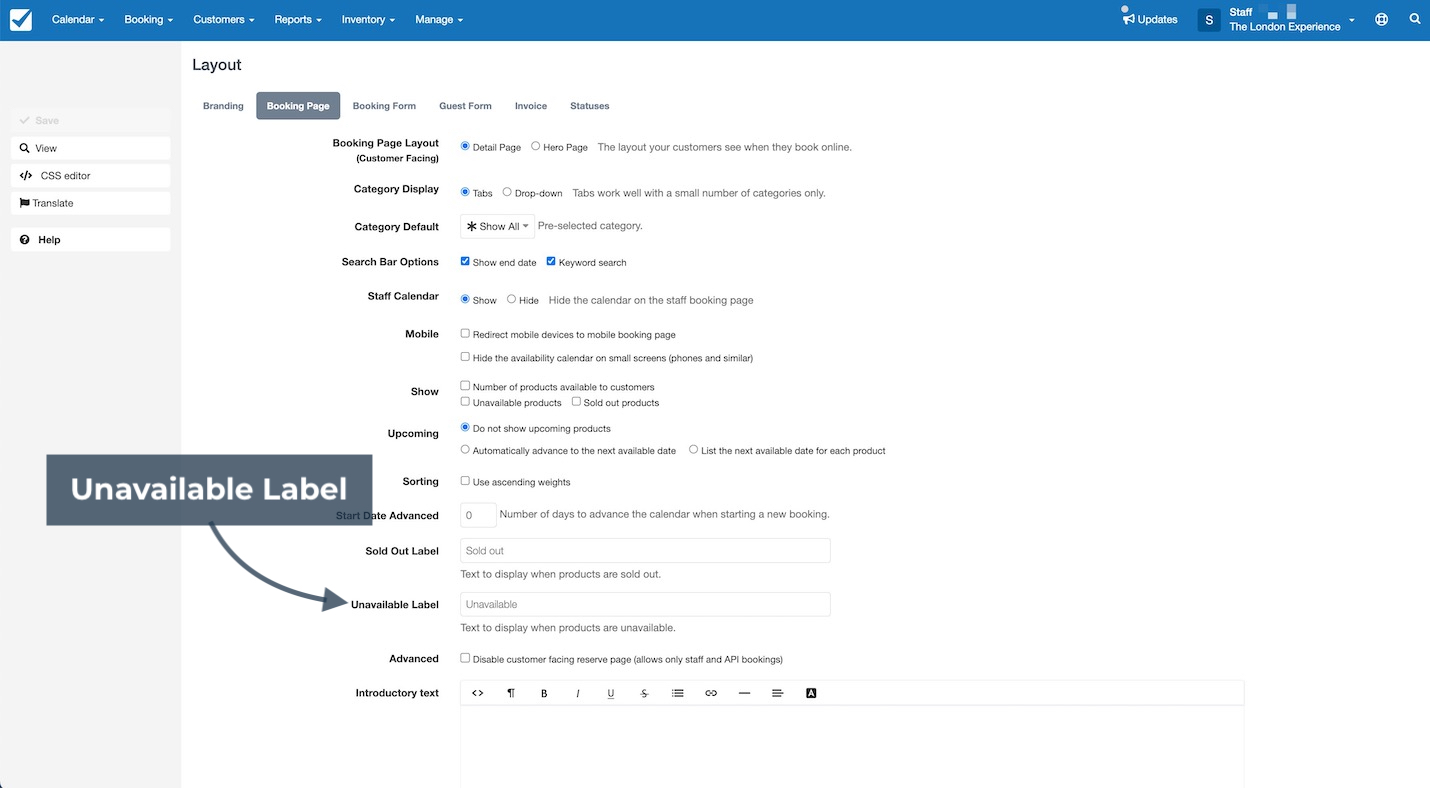 Booking page layout settings screen with a grey arrow pointing to the Unavailable Label option in Checkfront.