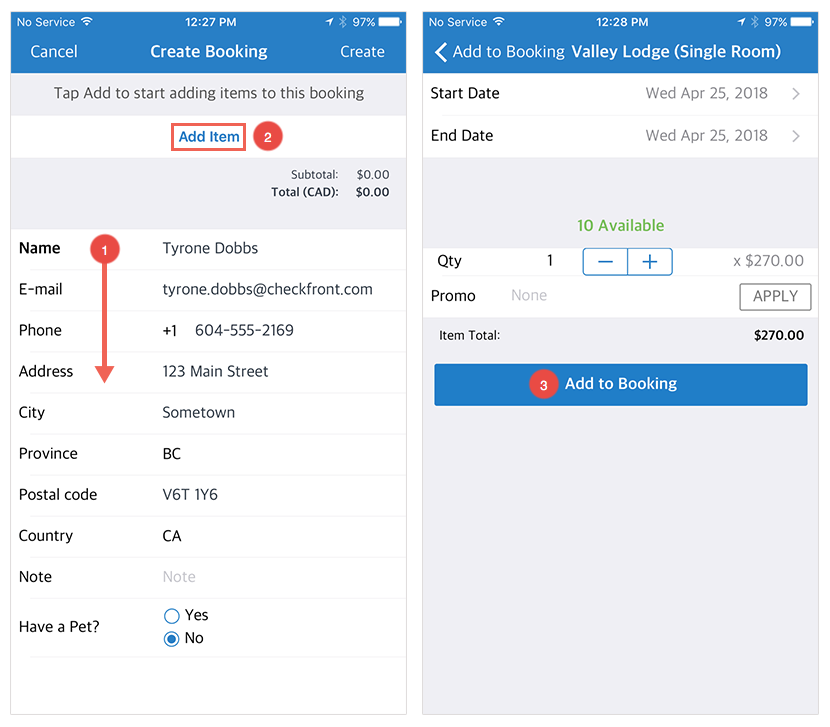Create Booking screen on the left showing Tyrone Dobbs’ customer details with Add Item button highlighted, and on the right Add to Booking screen for Valley Lodge with option to set quantity and add to booking.