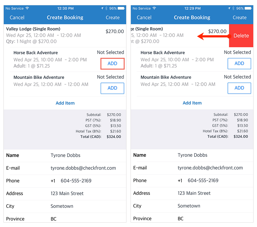 Create Booking screen on the left displaying selected items with Add button for Horse Back Adventure highlighted, and on the right the same screen showing swipe action to delete Valley Lodge item priced at $270.