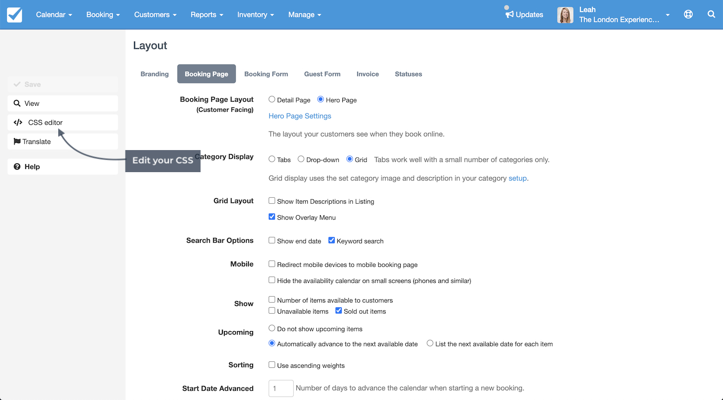 Booking page layout settings screen highlighting the CSS editor option with an arrow labeled Edit your CSS.