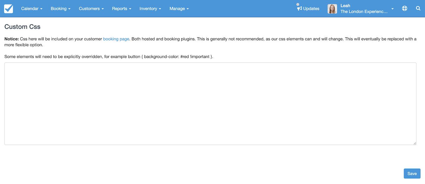 Custom CSS editor screen with a blank input field and notice about overriding booking page elements.