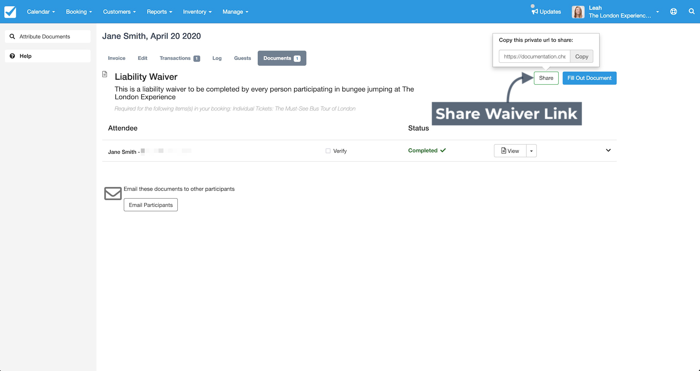 Waiver management screen showing a liability waiver for Jane Smith with status marked completed and a highlighted option to share the waiver link.