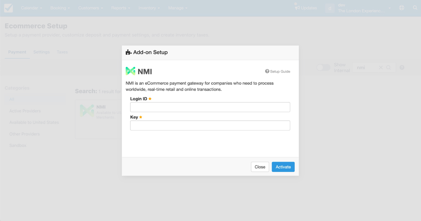 NMI add-on setup screen in Ecommerce Setup with fields for Login ID and Key.