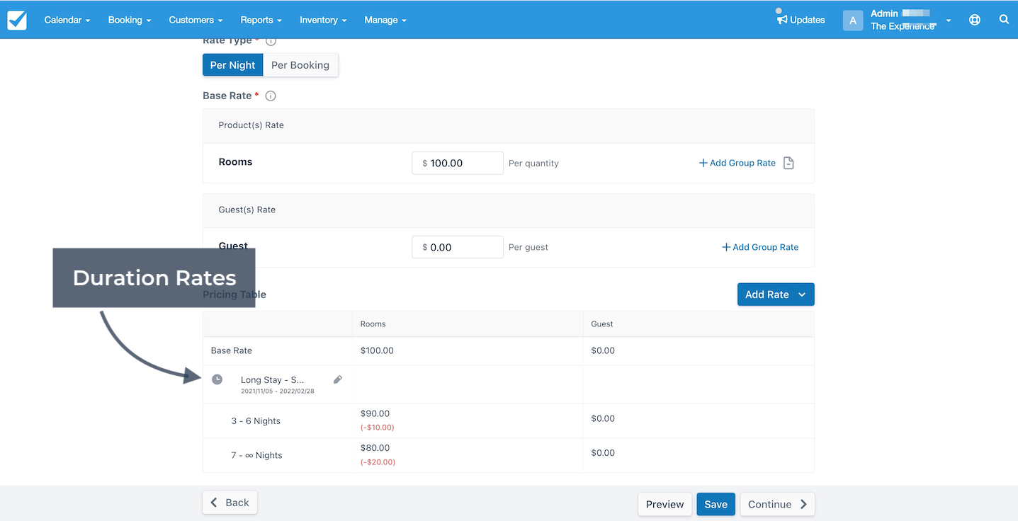 Pricing table showing duration rates highlighted for different lengths of stay.