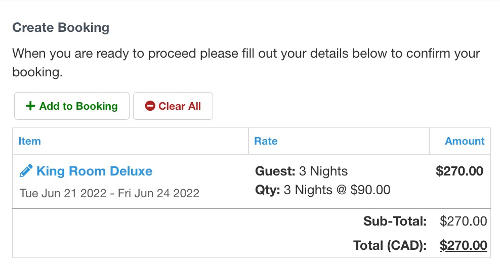 Create booking summary showing King Room Deluxe with three-night rate breakdown.