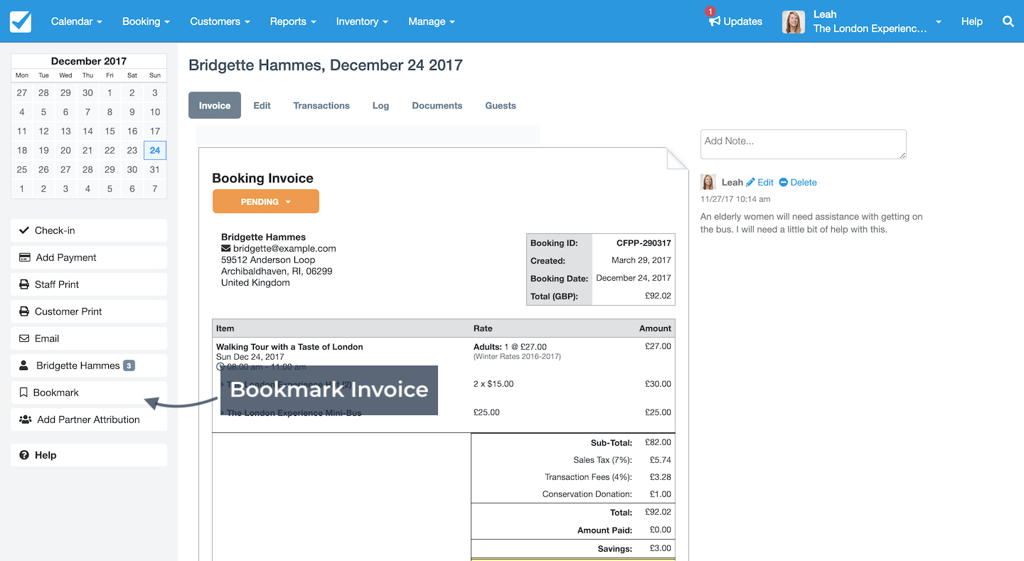 Invoice page highlighting the Bookmark option to save the invoice for quick access later.