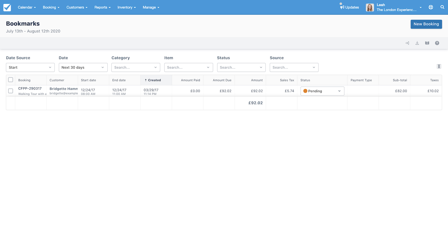 Bookmarks page showing a list of saved bookings with customer details, amounts, statuses, and due balances.