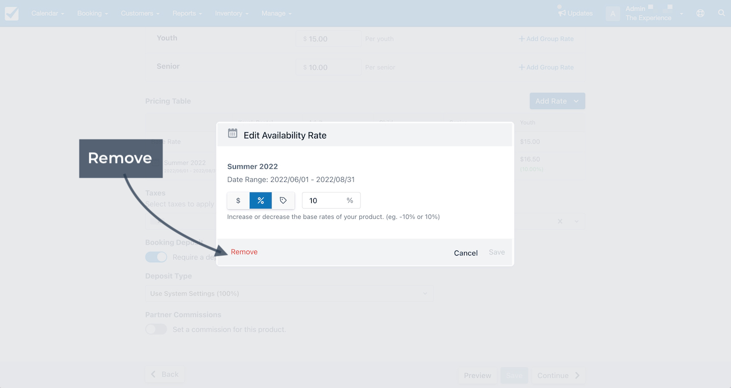 Edit availability rate window with remove option highlighted to delete a seasonal pricing adjustment.