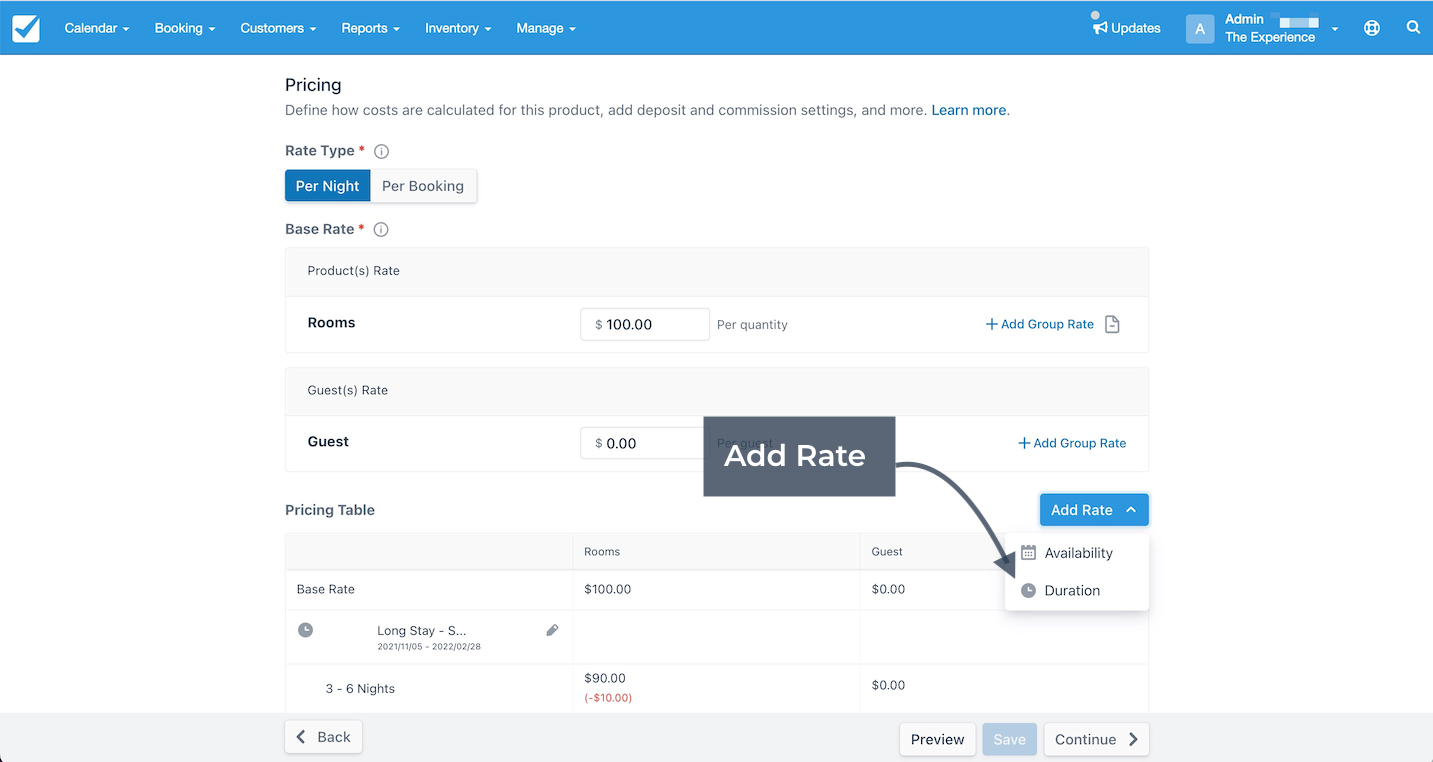 Pricing settings with add rate option highlighted to apply availability or duration rates.